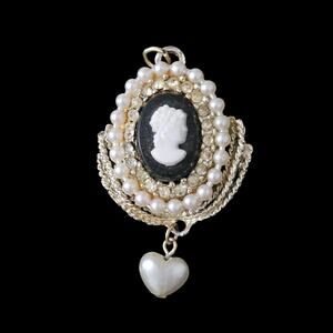 Silver Tone White and Black Cameo Pendant Pearls Heart Dangle